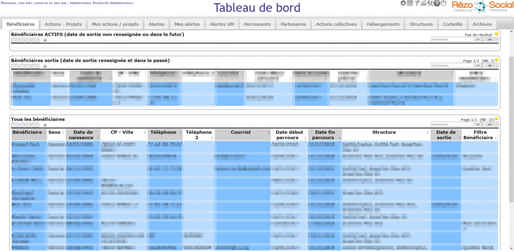 Première version du tableau de bord